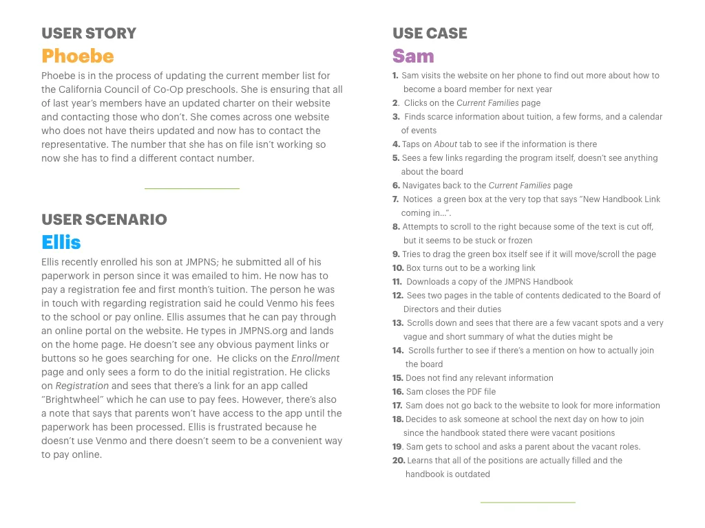 An image that details the various scenarios that a user of the JMPNS website might go through. Part of the user experience research process.